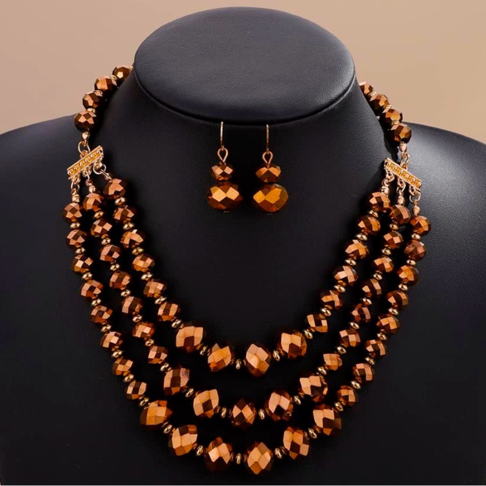 Metallic Bronze Retro 3 Strand Necklace and Dangle Earrings Set
